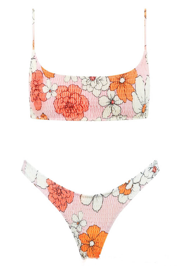 Pink Floral Ruched Scoop Crop Bikini Top - MomyMall