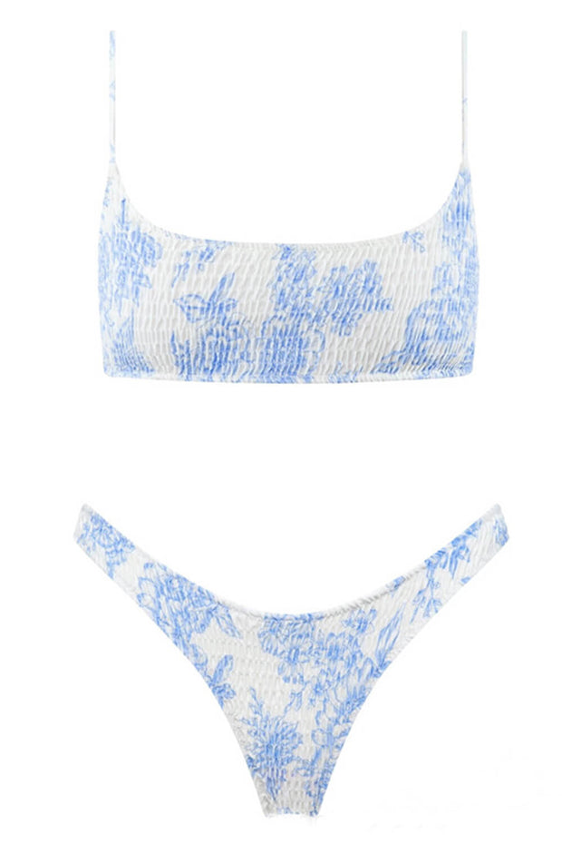 Light Blue Floral Ruched High Leg Bikini Bottom - MomyMall