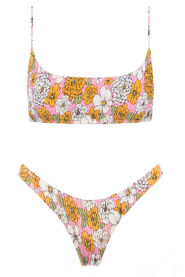 Pinkfarbene, geraffte Bikinihose mit hohem Beinausschnitt und Blumenmuster