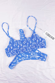 Sky Blue Leaves Print Ruched Scoop Crop Bikini Top - MomyMall