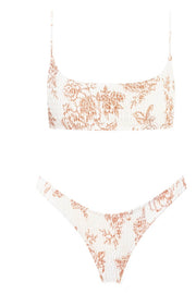 Tan Floral Ruched Scoop Crop Bikini Top - MomyMall