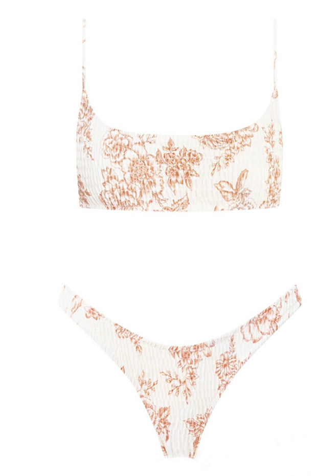 Tan Floral Ruched Scoop Crop Bikini Top - MomyMall