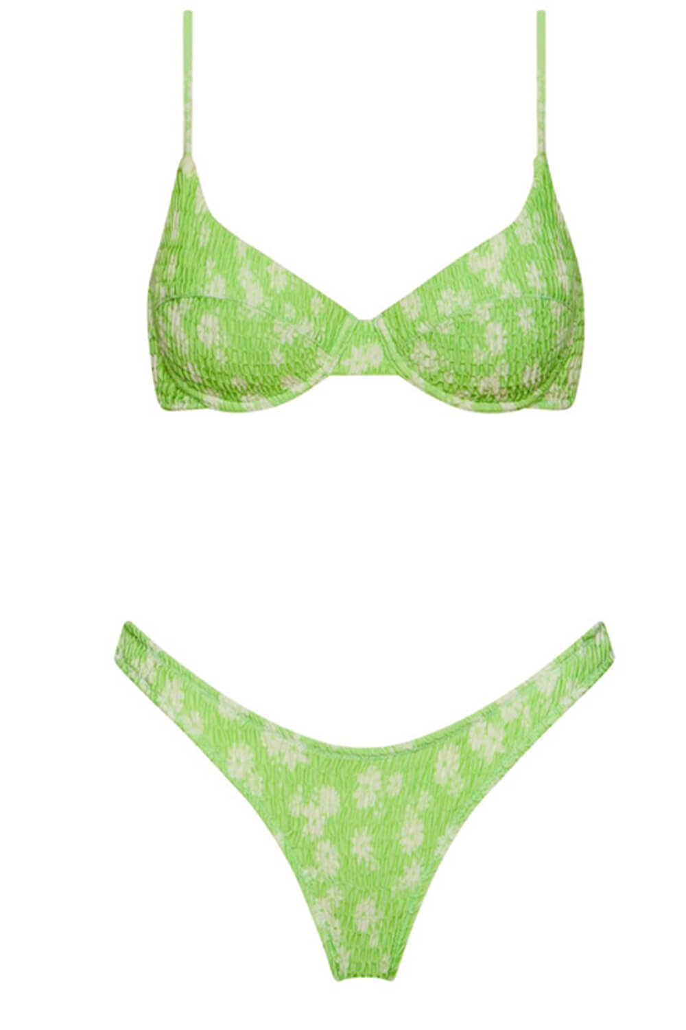 Pale Green Floral Ruched High Leg Bikini Bottom - MomyMall