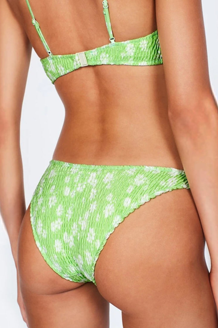 Pale Green Floral Ruched High Leg Bikini Bottom - MomyMall