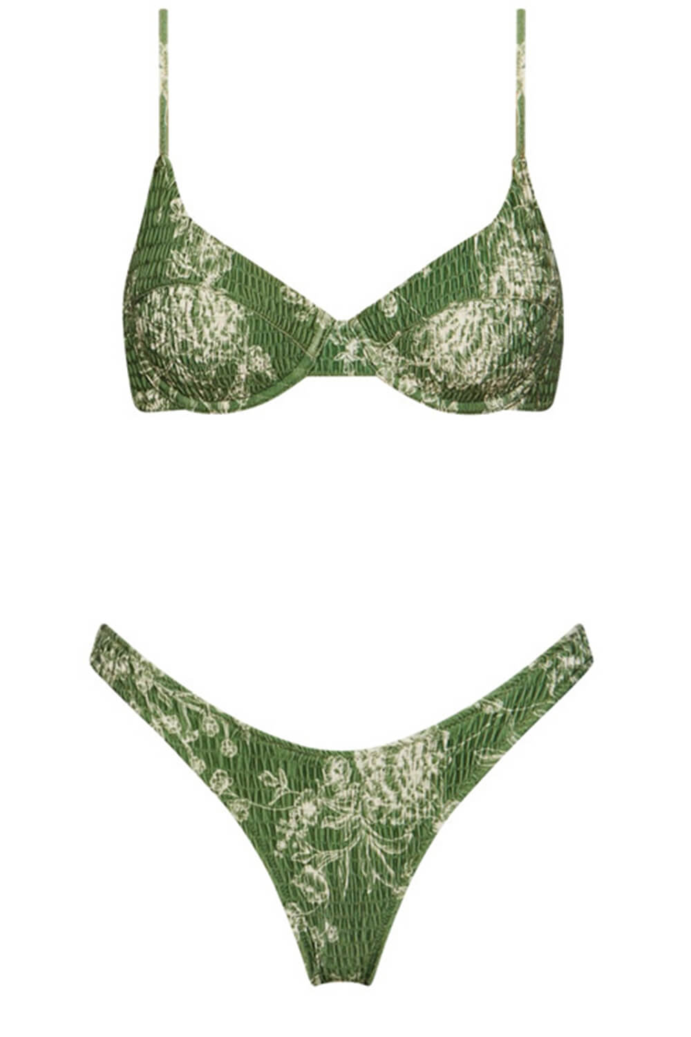 Neongrünes und weißes, gerafftes Bikini-Unterteil mit Blumenmuster und hohem Beinausschnitt