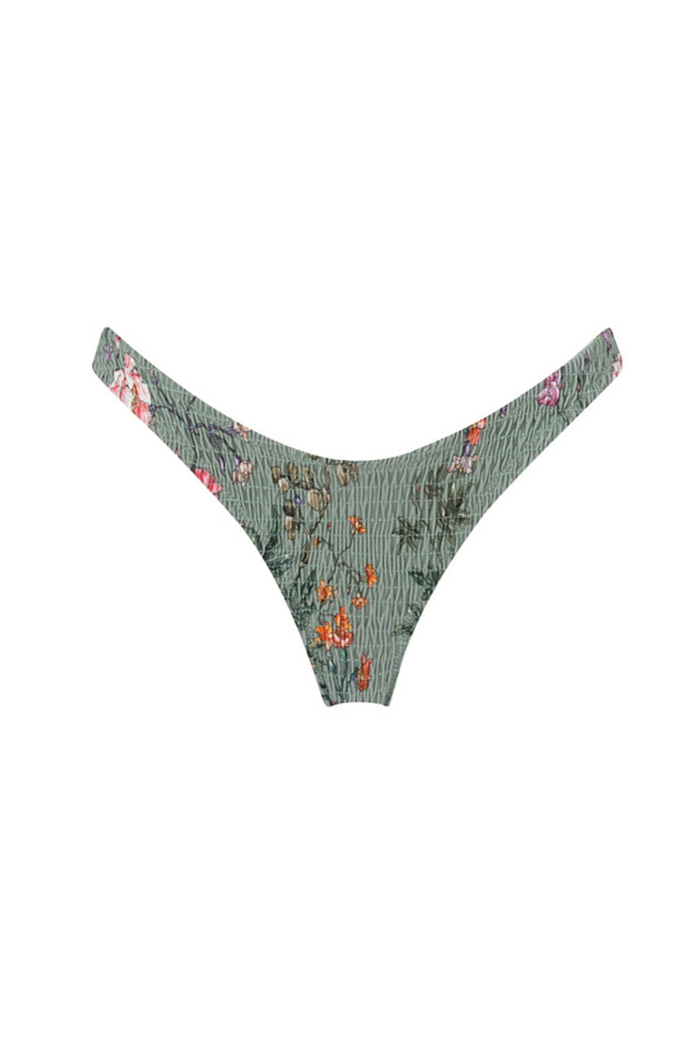 Geraffte Bikinihose mit hohem Beinausschnitt und Blumenmuster in dunklem Cyan