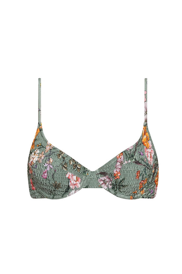 Dark Cyan Floral Ruched Bra Underwire Bikini Top - MomyMall