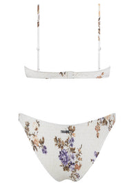 White Floral Ruched High Leg Bikini Bottom