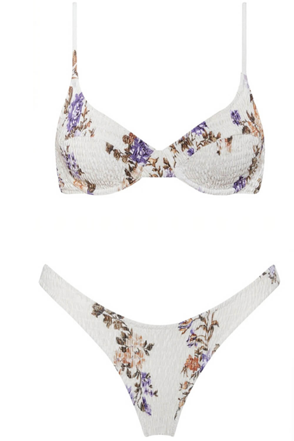 Bas de bikini échancré blanc froncé à fleurs