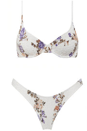 White Floral Ruched Bra Underwire Bikini Top