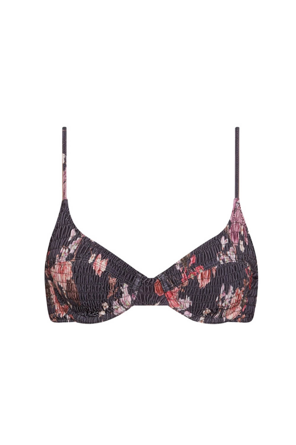 Black Floral Ruched Bra Underwire Bikini Top - MomyMall