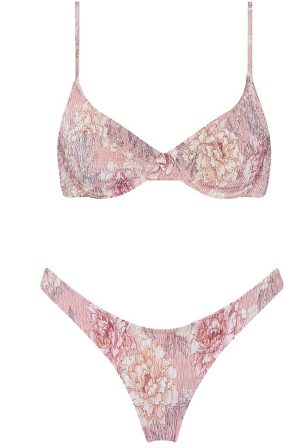 Pflaumenfarbenes, gerafftes Bikini-Unterteil mit Blumenmuster und hohem Beinausschnitt