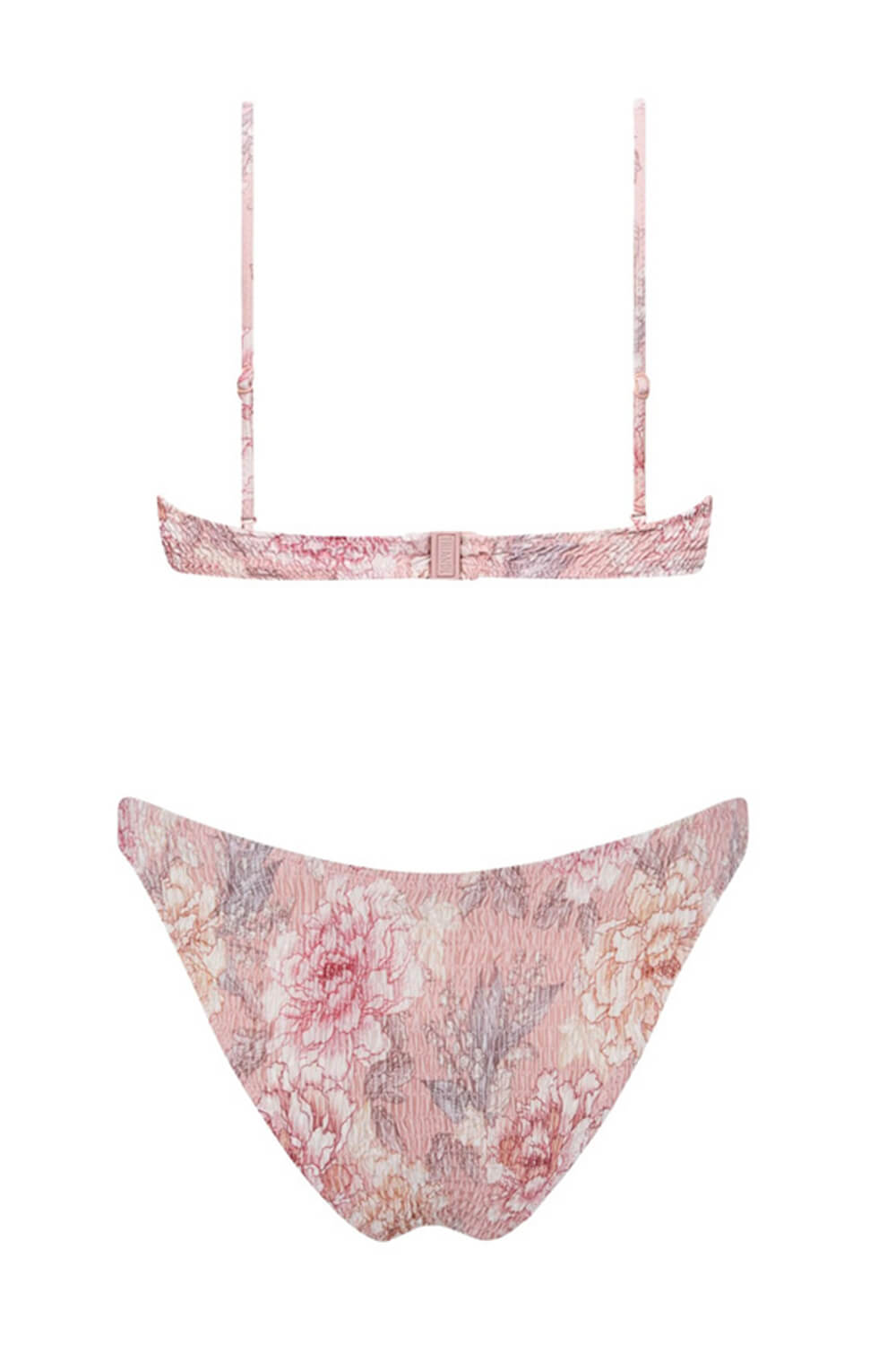 Pflaumenfarbenes, gerafftes Bikini-Unterteil mit Blumenmuster und hohem Beinausschnitt