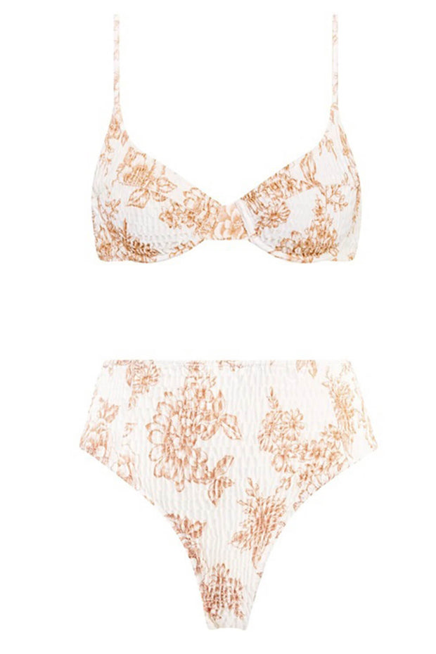 Tan Floral Balconette Ruched Underwire Bikini Top - MomyMall