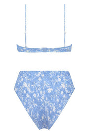 Sky Blue Leaves Print Ruched High Waisted Bikini Bottom