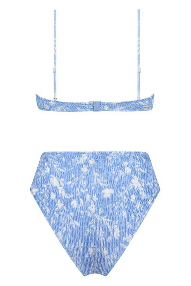 Sky Blue Leaves Print Ruched High Waisted Bikini Bottom