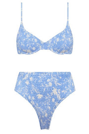Sky Blue Leaves Print Ruched High Waisted Bikini Bottom