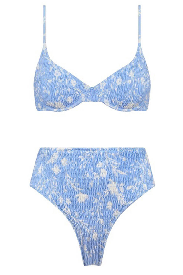 Sky Blue Leaves Print Ruched High Waisted Bikini Bottom