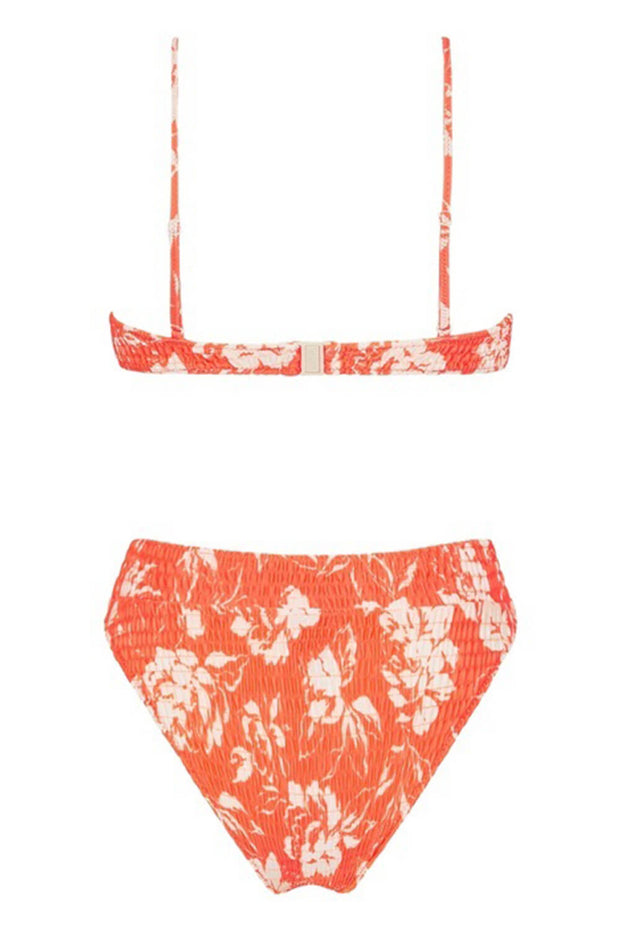 Salmon Floral Balconette Ruched Underwire Bikini Top
