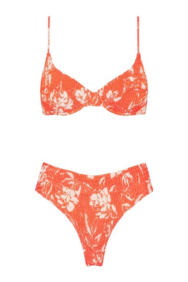 Salmon Floral Balconette Ruched Underwire Bikini Top