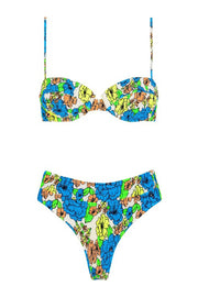 Medium Blue Floral Balconette Ruched Underwire Bikini Top - MomyMall