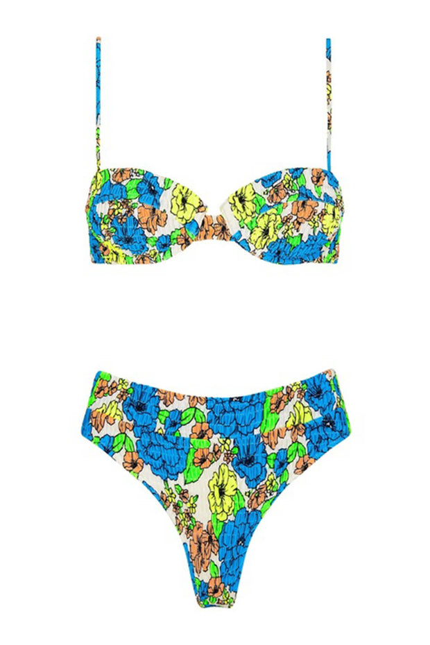 Medium Blue Floral Balconette Ruched Underwire Bikini Top - MomyMall