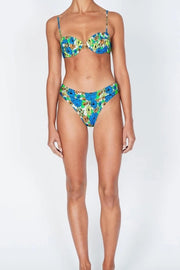Medium Blue Floral Balconette Ruched Underwire Bikini Top - MomyMall