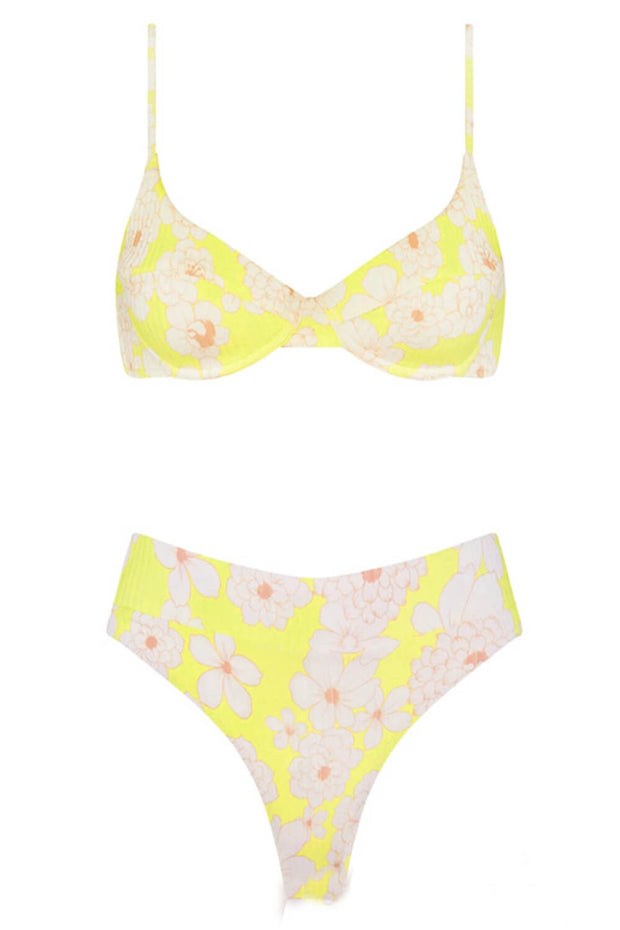Yellow Floral Ruched High Waisted Bikini Bottom