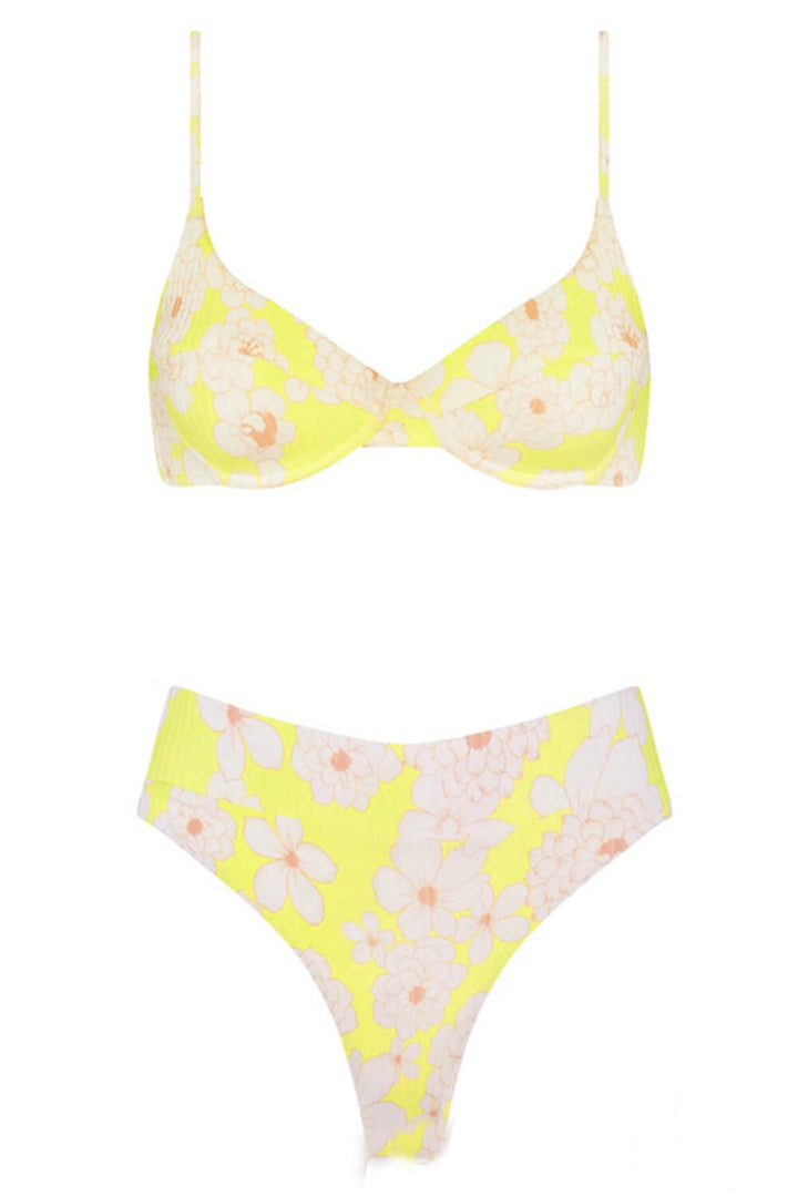 Yellow Floral Balconette Ruched Underwire Bikini Top - MomyMall