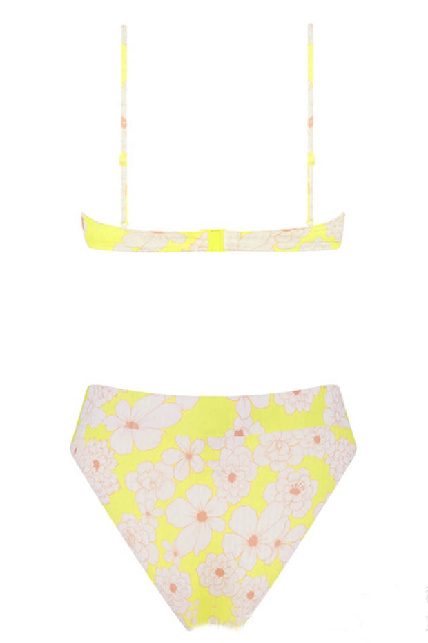 Yellow Floral Ruched High Waisted Bikini Bottom