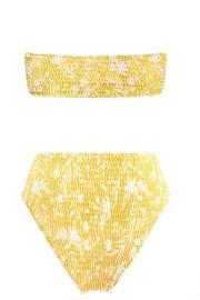 Bas de bikini taille haute jaune fleuri froncé