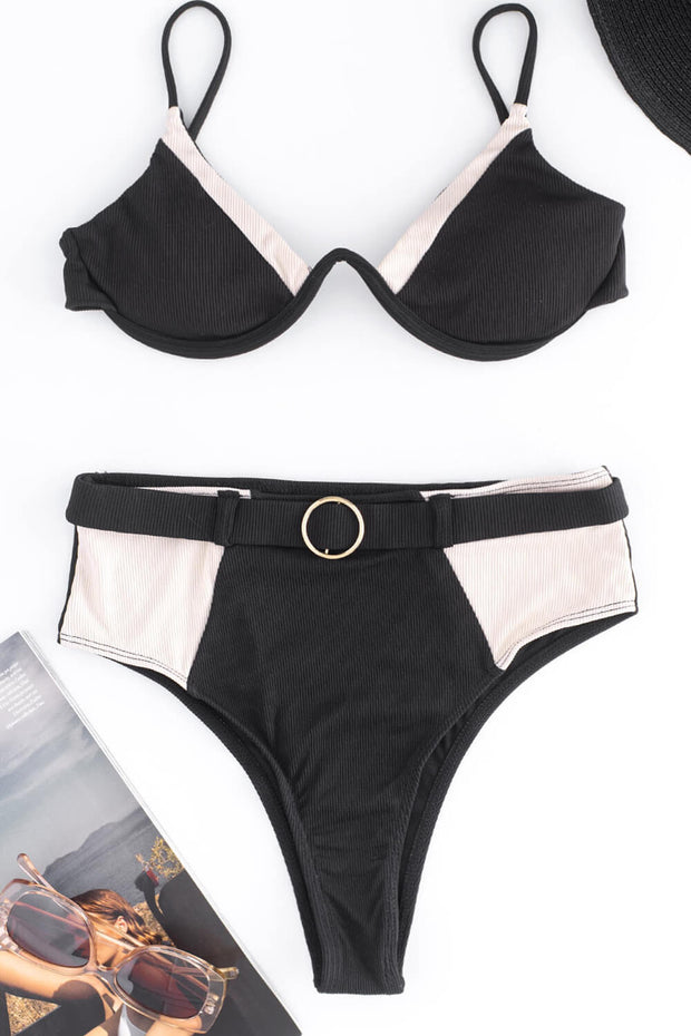 Black White Blocked Ribbed High Waisted Bikini Bottoms With Belt
