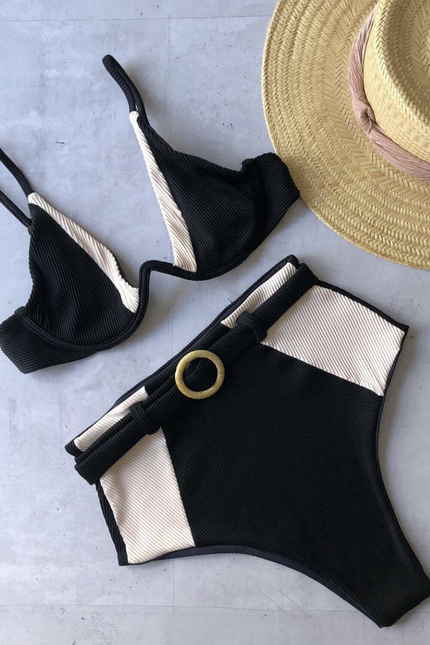 Black White Blocked Ribbed Wire V Bikini Top