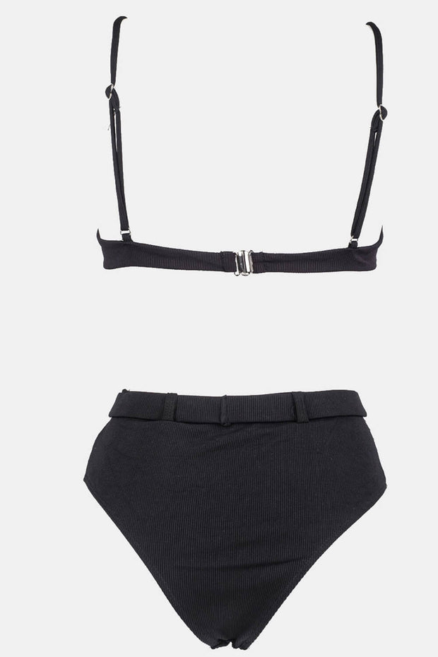 Black White Blocked Ribbed Wire V Bikini Top