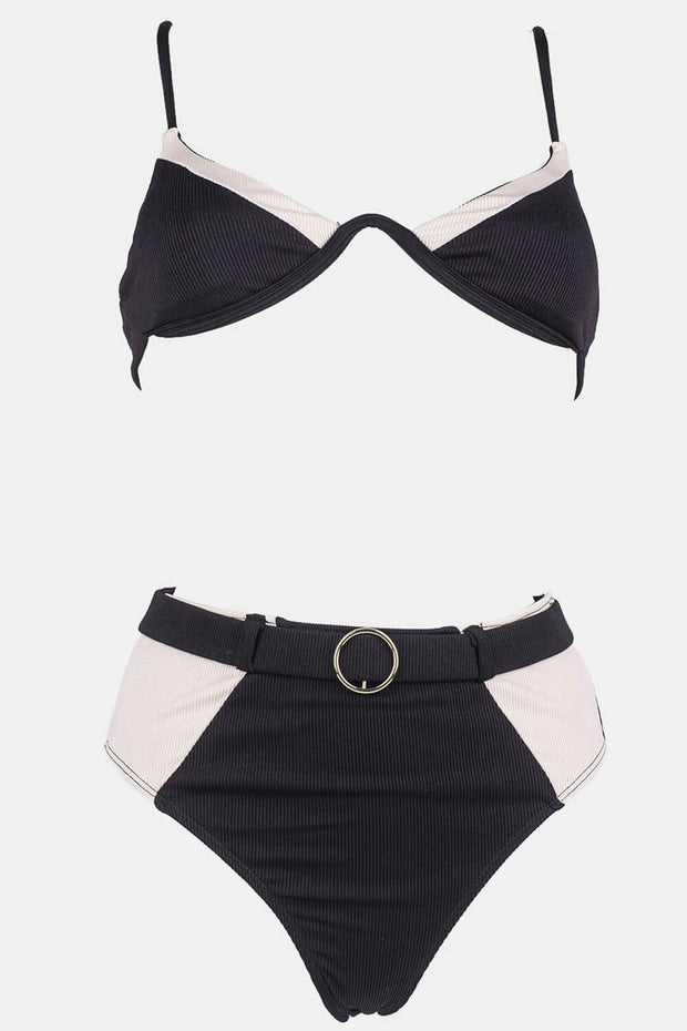 Black White Blocked Ribbed Wire V Bikini Top