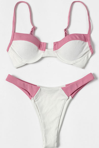 Pink White Blocked Ribbed Bikini Bottoms