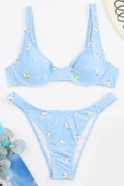 Baby Blue Floral Print Balconette Underwire Bikini Top