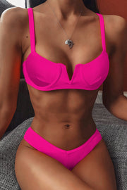 Pink Ribbed Front V Underwire Bikini Top