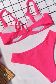 Pink Ribbed Front V Underwire Bikini Top