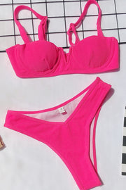 Pink Ribbed Front V Underwire Bikini Top