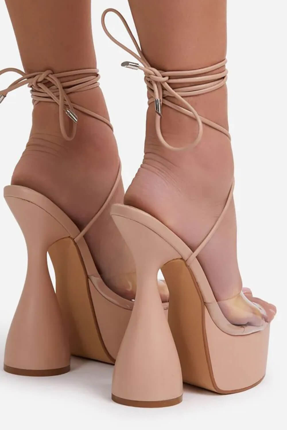 Nude Faux Leather Lace Up Peep Toe Clear Perspex Platform Statement Heels