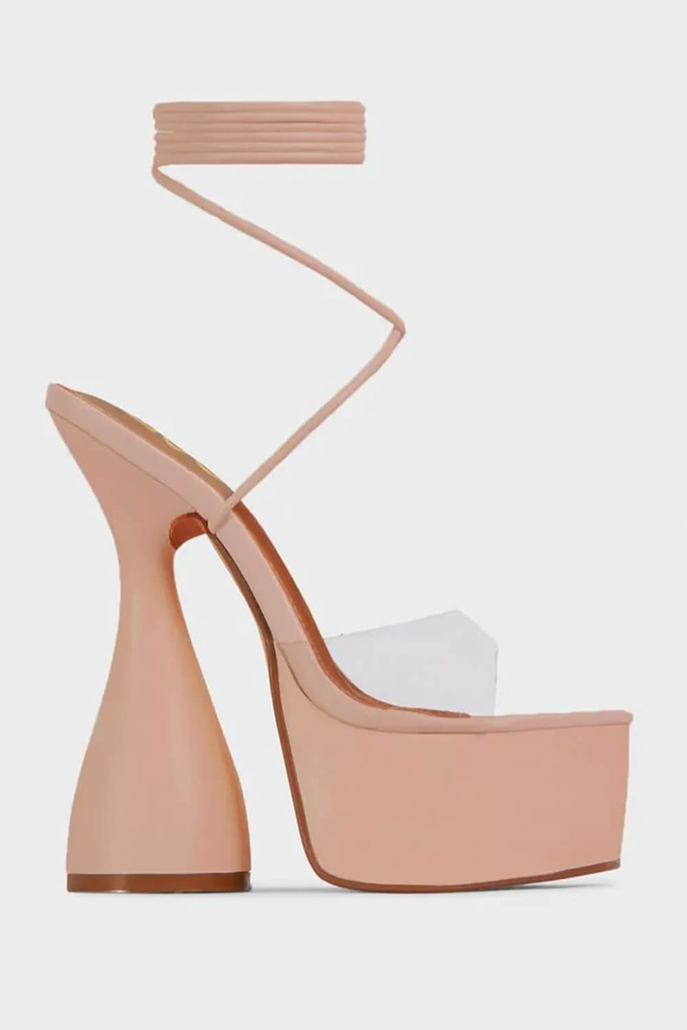 Nude Faux Leather Lace Up Peep Toe Clear Perspex Platform Statement Heels