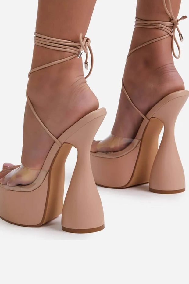 Nude Faux Leather Lace Up Peep Toe Clear Perspex Platform Statement Heels