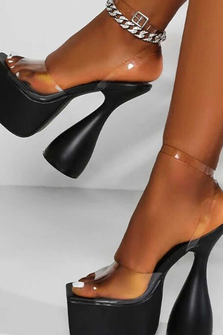 Black Pu Perspex Strap Peep Toe Cylinder Platform Heels - MomyMall