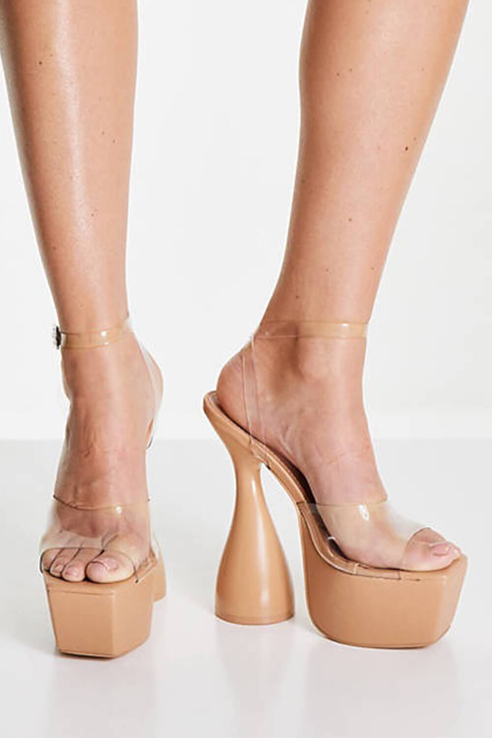 Nude Pu Perspex Strap Peep Toe Cylinder Platform Heels - MomyMall