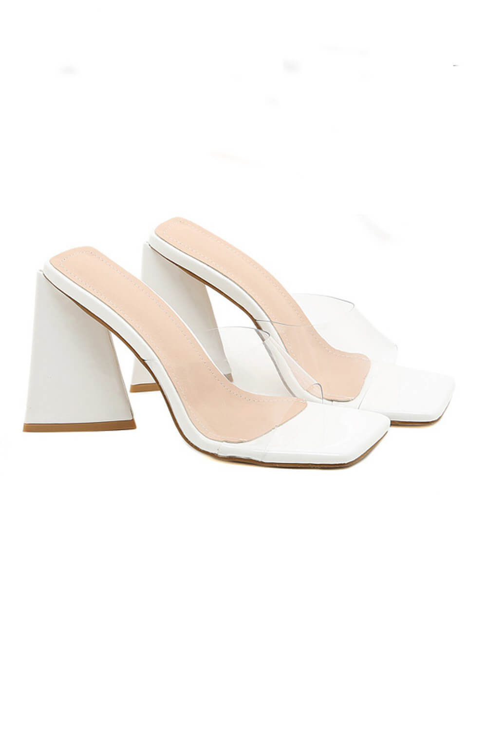 White Perspex Square Peep Toe Pyramid Heel Mules - MomyMall