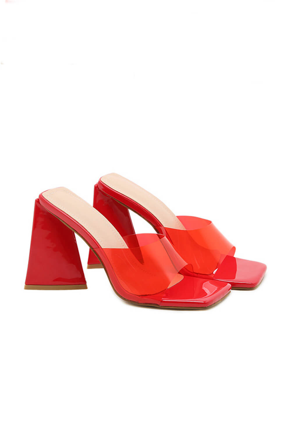 Red Perspex Square Peep Toe Pyramid Heel Mules - MomyMall