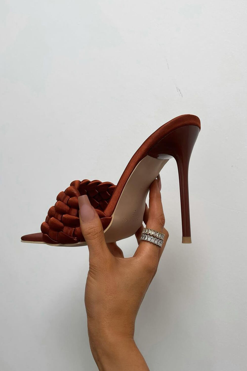 Brown Woven Satin Stiletto Mules