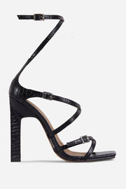 Black Croc Print Faux Leather Strappy Buckle Detail Square Toe Sculptured Block Heel - MomyMall