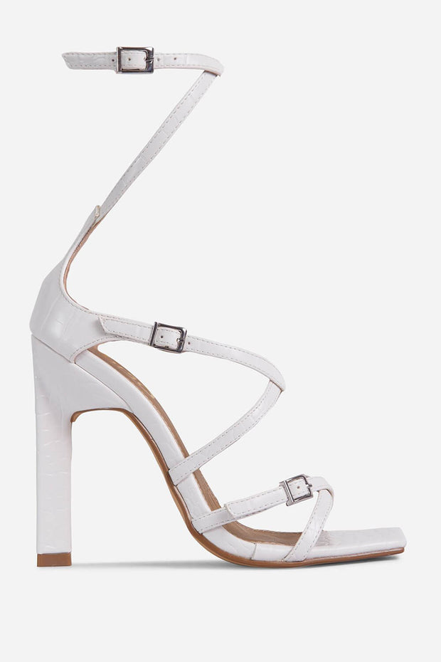 White Croc Print Faux Leather Strappy Buckle Detail Square Toe Sculptured Block Heel